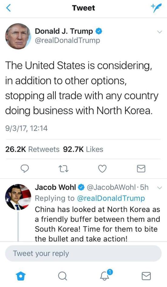 特朗普：正考虑停止同与朝鲜做生意国家的贸易往来