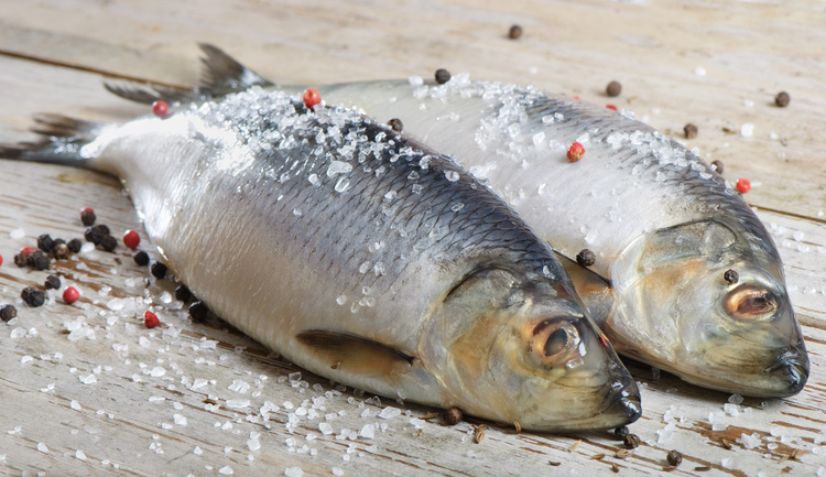 木桌上的两根青鱼Two herrings on a wooden table