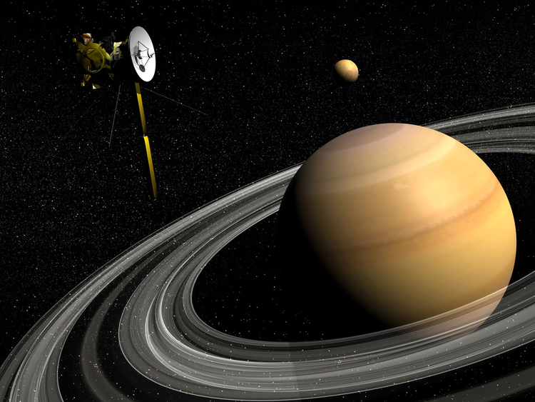 卡西尼飞船靠近土星和泰坦卫星-3D渲染Cassini spacecraft near Saturn and titan satellite - 3D render.jpeg