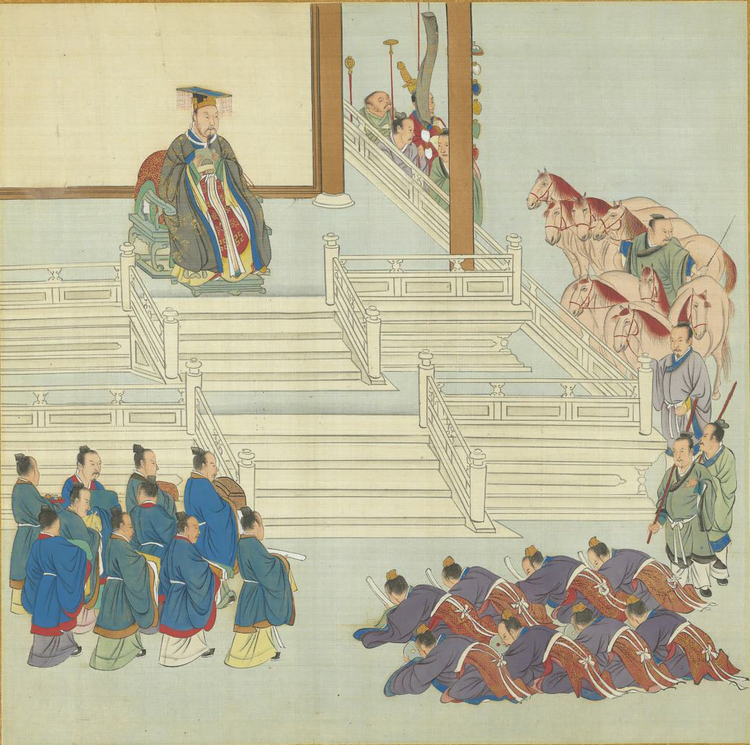 《帝王道统万年图册》－夏启－（明）仇英.png